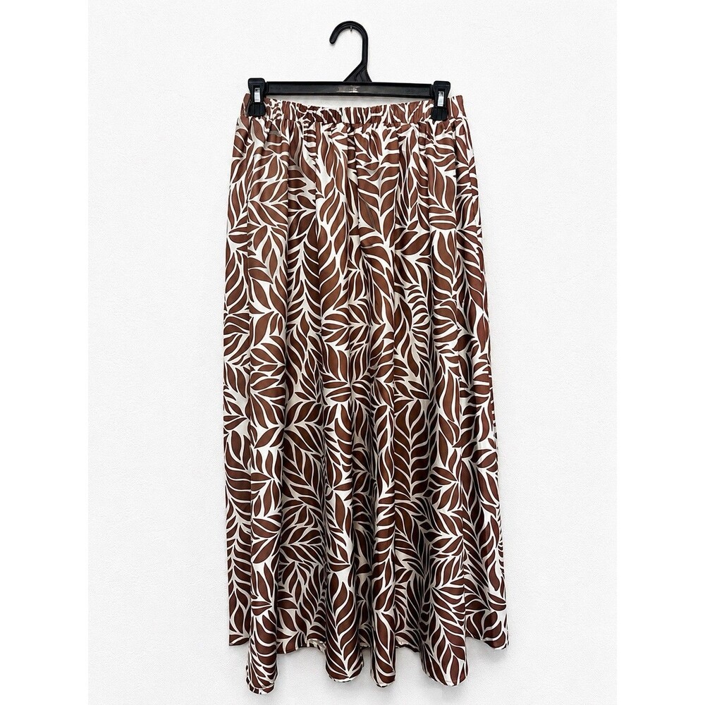 Brown White Leaf Print Maxi Skirt Women’s Elastic Waist Boho Tropical Flowy